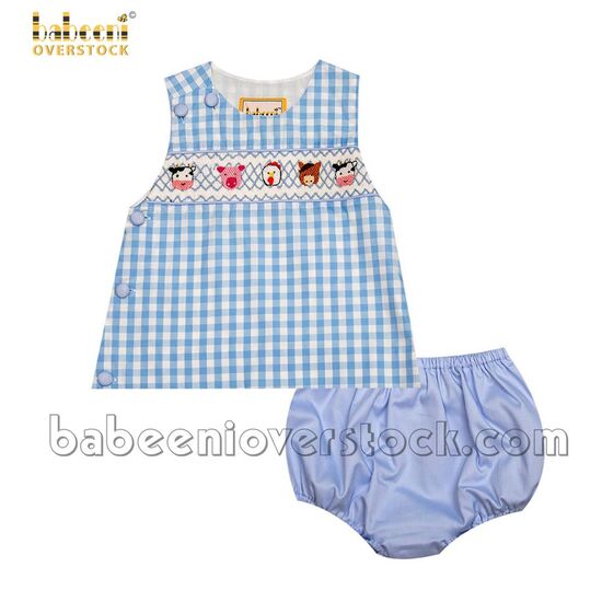 Smocked farm animals blue check boy short set - BB1962